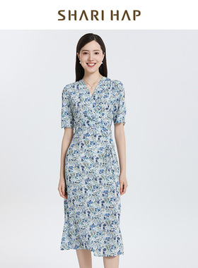 SHARI HAP莎瑞真丝V领连衣裙中长款2025夏季新款桑蚕丝优雅碎花裙