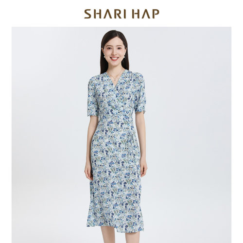 SHARI HAP莎瑞真丝V领连衣裙中长款夏季新款桑蚕丝优雅碎花裙