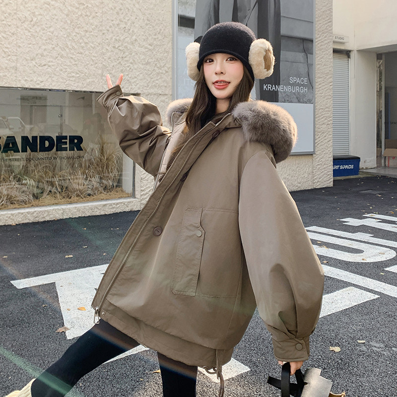 咖色大毛领工装羽绒服女2025冬季新款高级感超好看90白鸭绒派克服图片