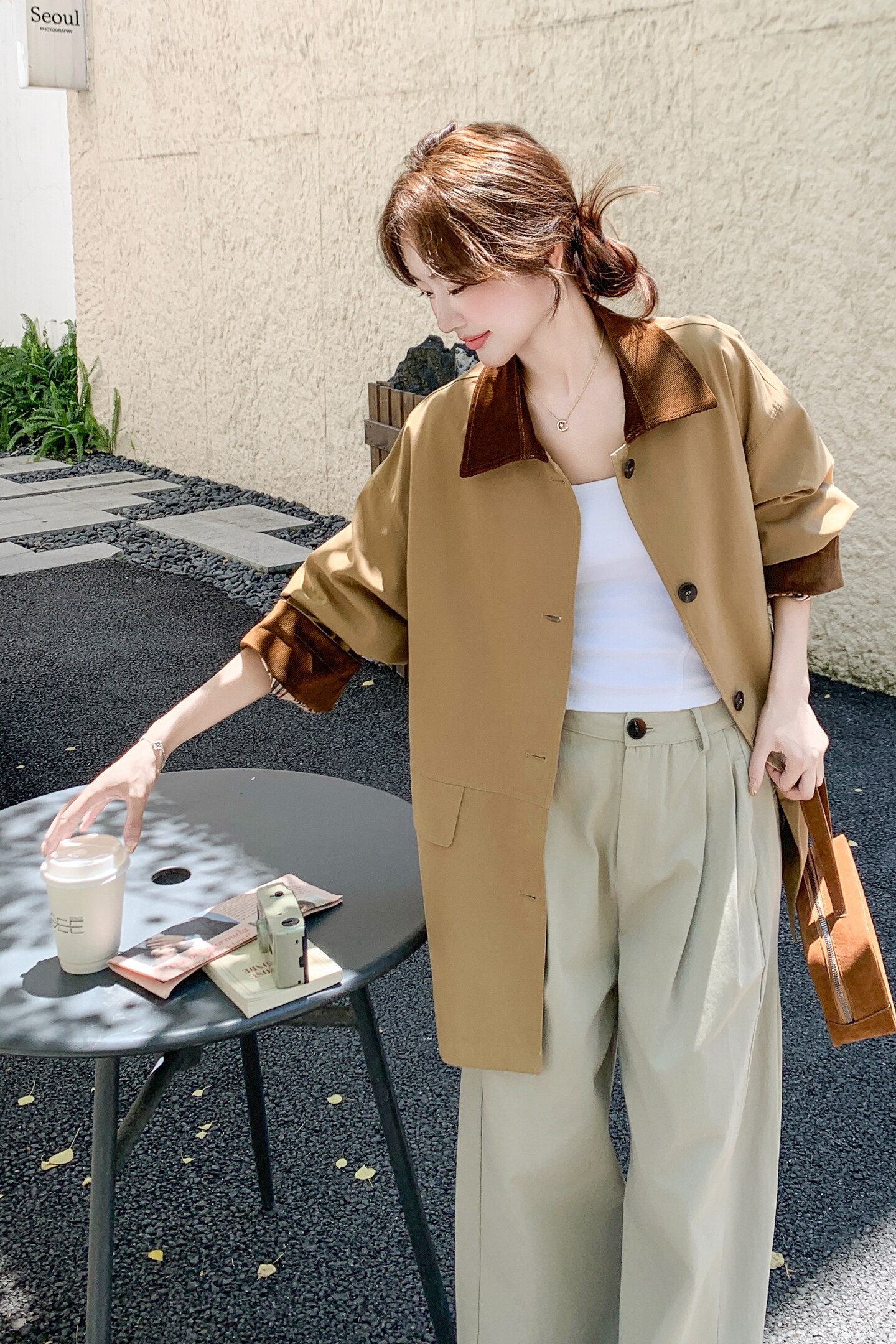 卡其色韩系撞色中长款宽松oversize百搭经典风衣外套2025年秋季女,女装风衣,2C211