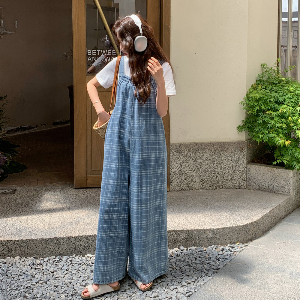 新品格子牛仔背带阔腿裤C211-887-P130控188,女装连体裤,2C211
