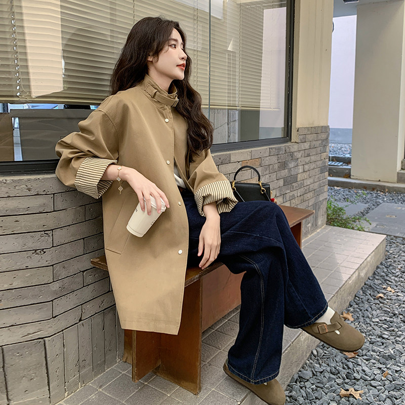 卡其色立领风衣外套女2025春秋新款韩系高级感气质休闲中长款大衣,女装风衣,2C211