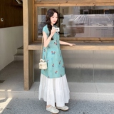 新中式国风印花盘扣旗袍套装裙女2025夏季新款温柔气质显瘦两件套，女装套装/套裙，2C211