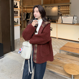 酒红色格子拼接宽松连帽羊羔毛短外套女冬季新款加厚皮毛一体棉衣，女装棉衣/棉服，2C211