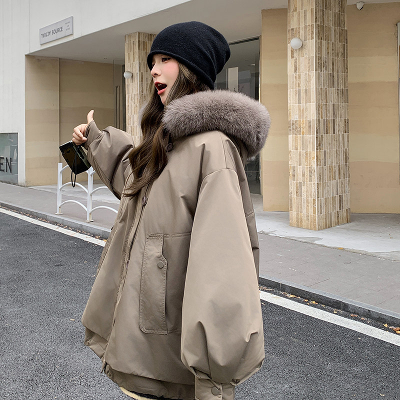 咖色大毛领工装羽绒服女2025冬季新款高级感超好看90白鸭绒派克服,女装羽绒服,2C211