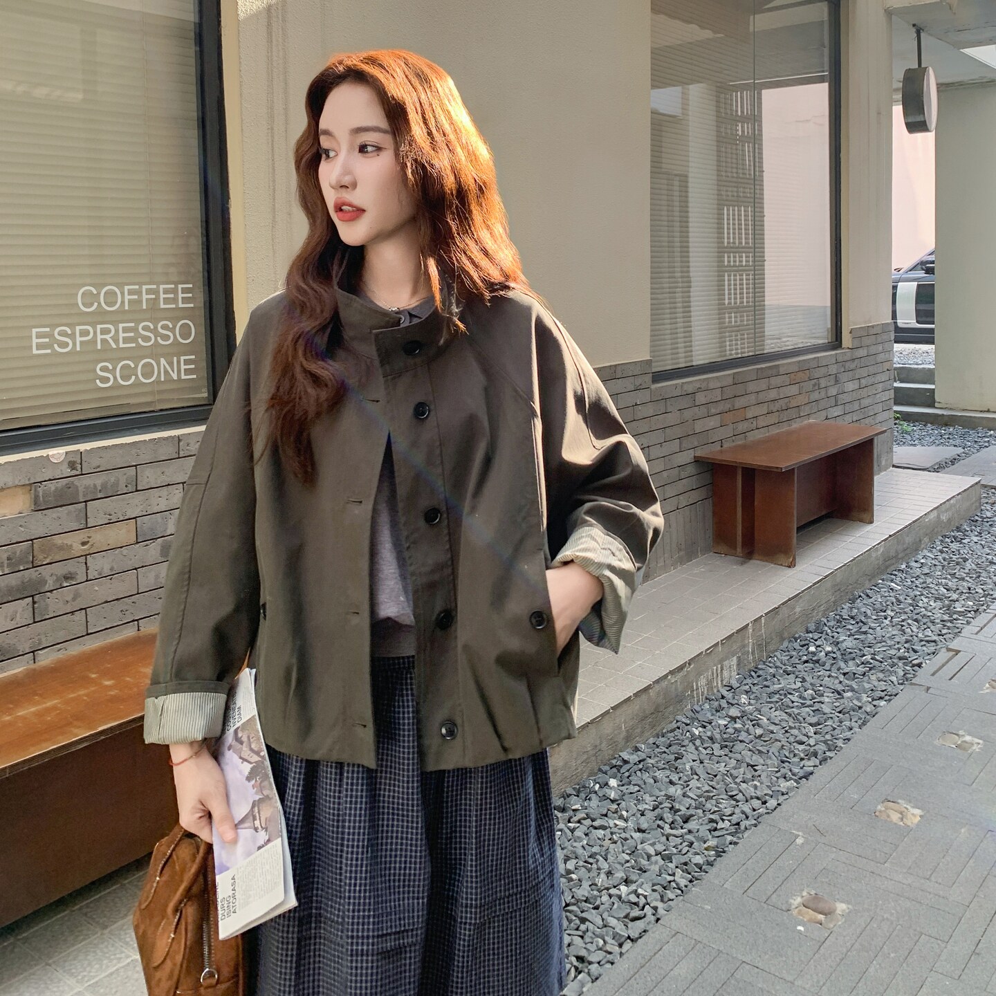 军绿色短款工装外套女2025秋季新款港风复古宽松小个子夹克上衣潮,女装短外套,2C211