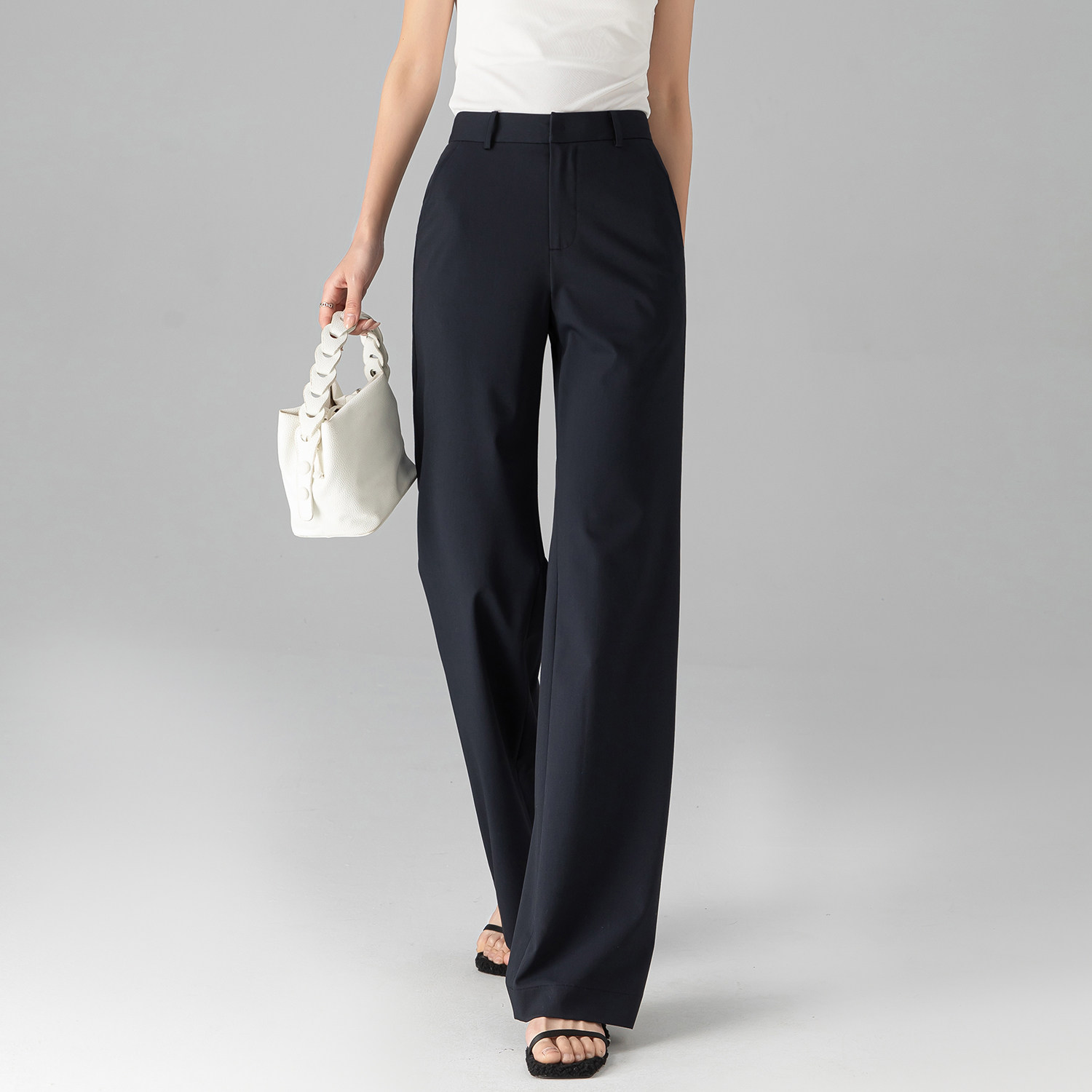 月非雪夏季薄款直筒微喇西装裤2025透气高腰显瘦气质筒喇长裤女