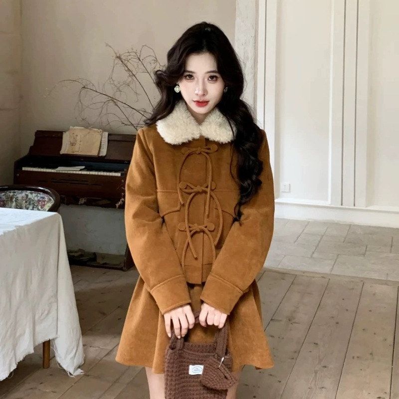 NN【薄暮炉温羽绒套装】财阀千金小众老钱鸭绒两件套仿呢料冬女装