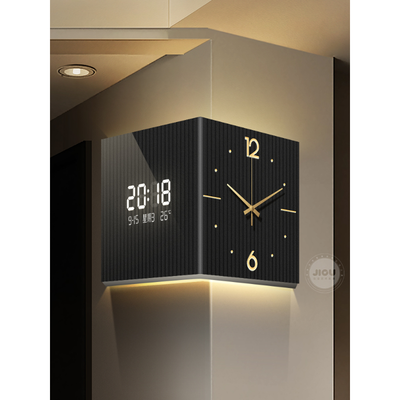 抽象艺术双面阳角带灯光挂钟极简抽象客厅背景墙转角时钟装饰画