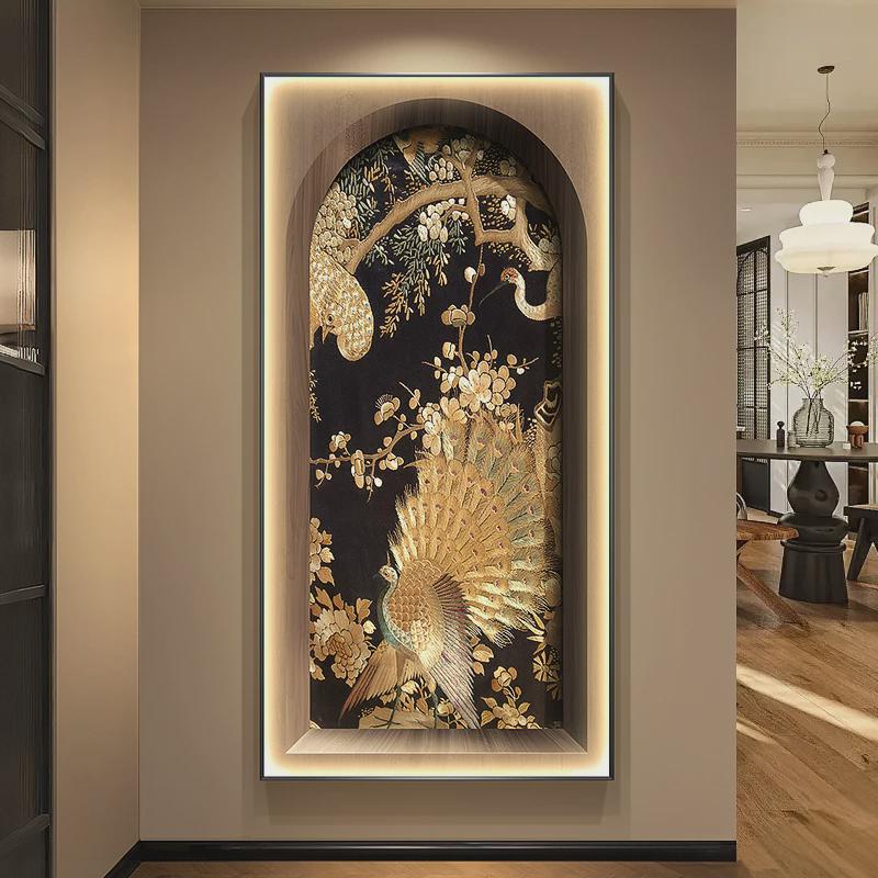 南洋复古风孔雀玄关装饰画花鸟走廊过道挂画客厅入户竖版带灯壁画图片