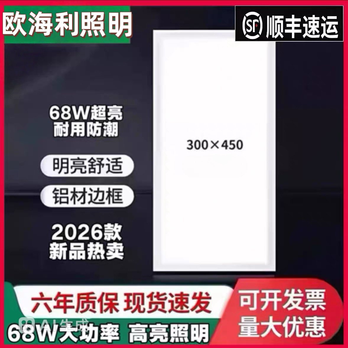 300x450集成吊顶LED厨卫灯30x45厨房灯铝扣板嵌入式平板灯