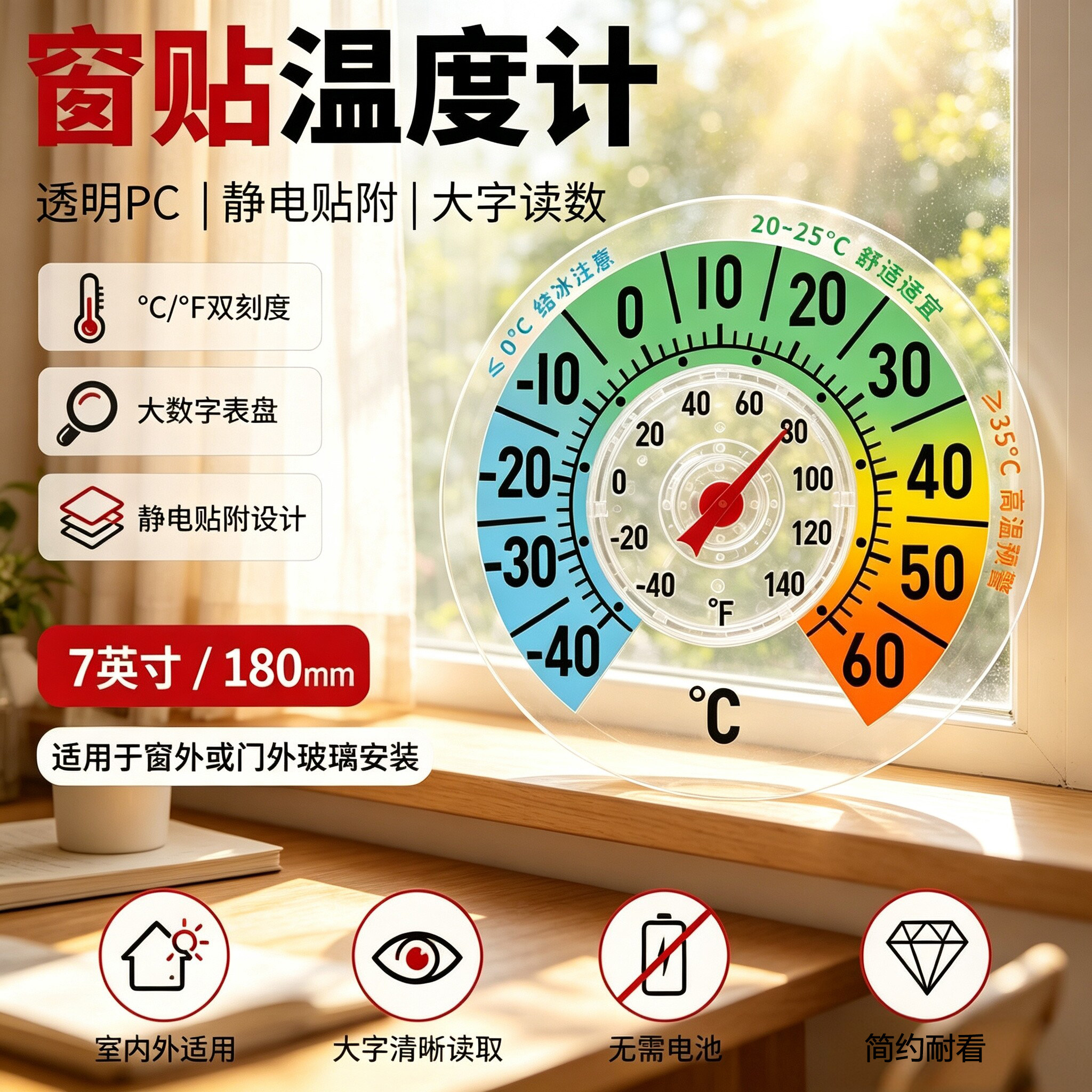 开泰高精度贴窗式温度计