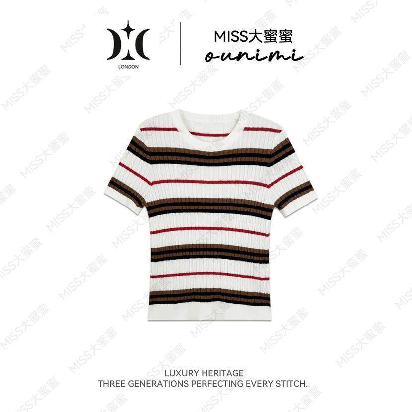宝莎伦欧倪蜜 OUNIMI【复古序集】莱赛尔条纹撞色修身显瘦针织上