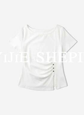 宝莎伦【YIJIE奢品 】时尚设计感收褶开叉修身显瘦上衣361187