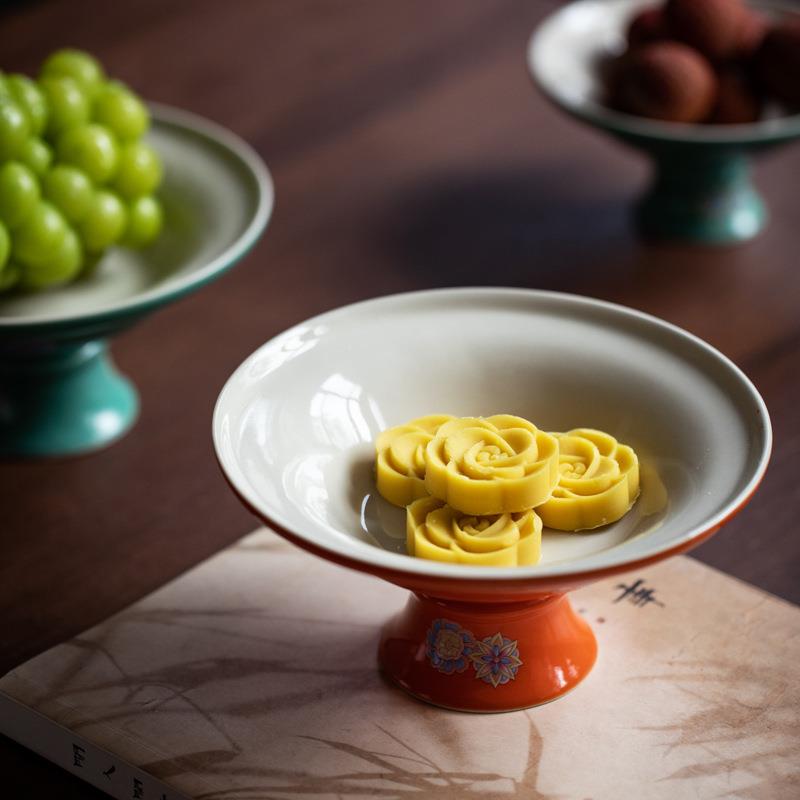 新品日式松石绿茶点盘盘号大家用简高约陶瓷脚水果糕点盘茶食小吃