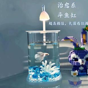 超白玻璃斗鱼缸充电小型办公室客厅造景桌面生态迷你带灯网红懒人