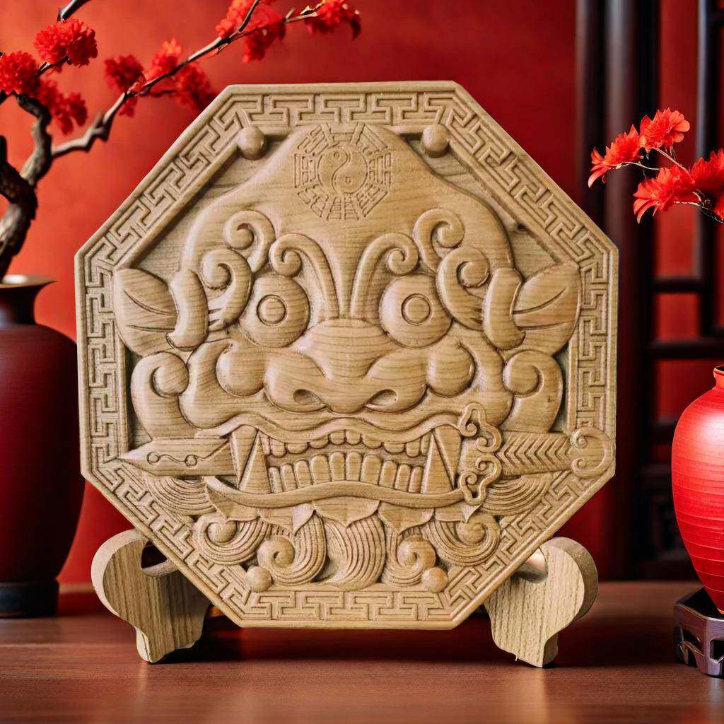 桃对木狴犴兽兽头八卦镜挂件狮咬虎剑头头VCK虎头镜厕所卫生间门