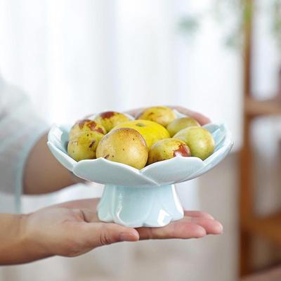 可沥水陶瓷高脚莲花果盘创意干果盘水果碟中式托盘茶点盘家用客厅