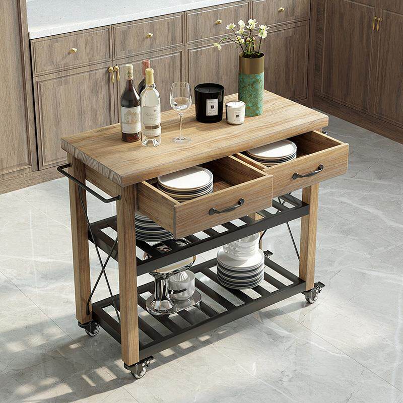 0A美式厨房中岛台家用小推车复古餐边柜开放式移动操作台实木料理