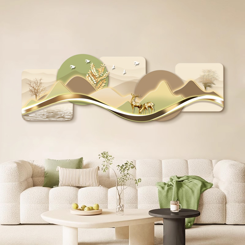 新中式客厅金山装饰画带灯卧室沙发背景麋鹿挂画办公室床头卧室壁图片