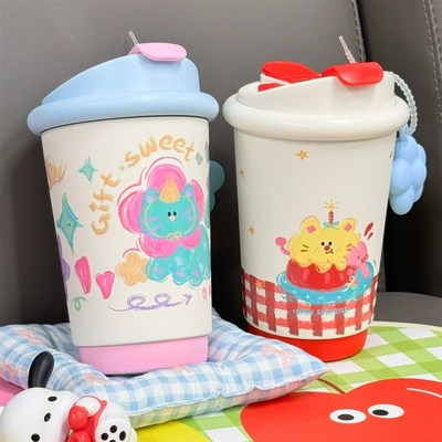 物生物保温杯吸管咖啡水杯子女生陶瓷内胆高颜值可爱小巧便携随行