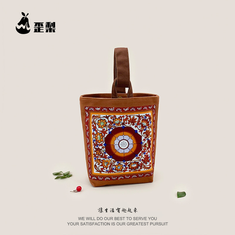 新中式国风敦煌忍冬莲花手拎水桶布袋可携式通勤国潮手提帆布环保