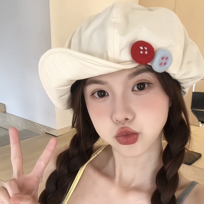 高品质复古日系棉麻八角帽彩色毛毡纽扣画家帽不对称设计帽