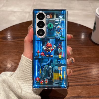 适用三星fold7手机壳fold6新款fold5大折叠屏zfold4翻盖fold3超薄透明灯光马里奥全包防摔男女款硬外壳保护套