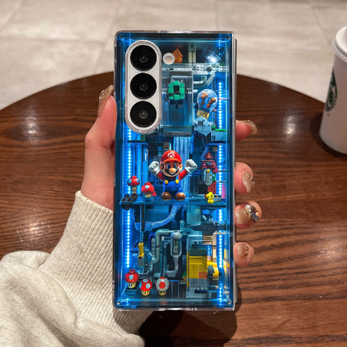 适用三星fold7手机壳fold6新款fold5大折叠屏zfold4翻盖fold3超薄透明灯光马里奥全包防摔男女款硬外壳保护套