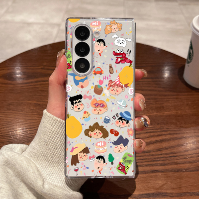 适用三星fold7手机壳fold6新款fold5大折叠屏zfold4翻盖fold3超薄透明蜡笔小新家族防摔男女款硬外壳保护套