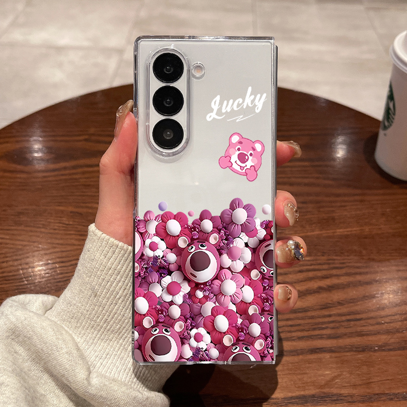 适用三星fold7手机壳fold6新款fold5大折叠屏zfold4翻盖fold3超薄透明缤纷草莓熊全包防摔男女款硬外壳保护套