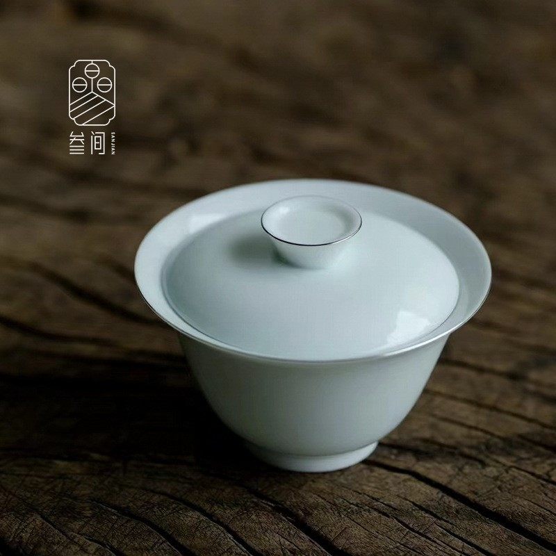 叁间影青釉二才盖碗茶杯陶瓷单个小号泡茶碗手工描银边防烫敬茶碗