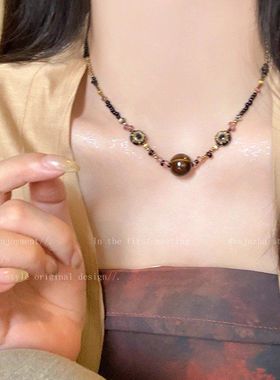 港风复古毛衣项链女款新中式棕色