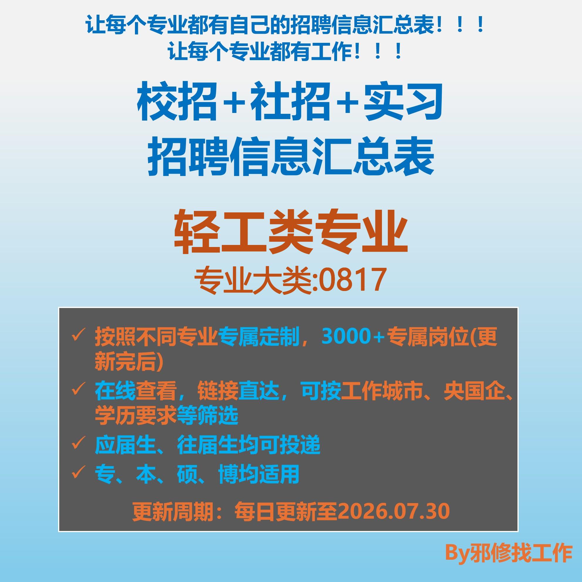 26届轻工类校招秋招春招国企央企社招实习找工作招聘信息汇总表