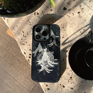 黑百合 新中式 16promax磨砂亮面iPhone秋冬支架手机壳 国风清冷小众高级感玻璃苹果17 叶菽原创定制