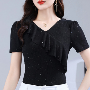 荷叶边新款拉丁舞练功服舞蹈上衣女短袖交谊舞演出服装高级感