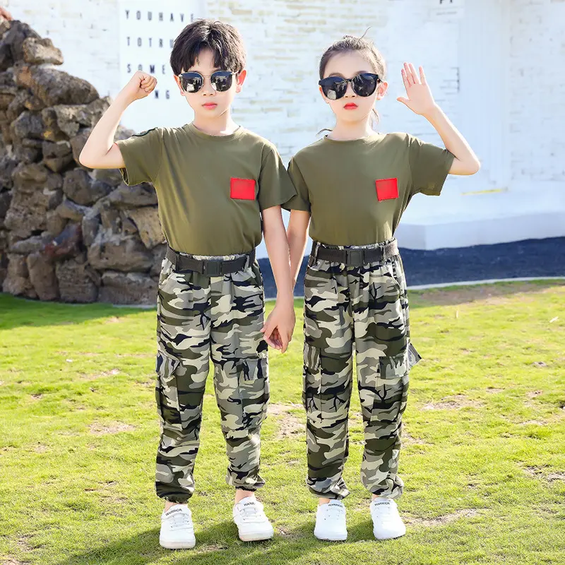儿童军训迷彩服夏令营幼儿园纯棉男童军绿色迷彩恤短袖长裤套装