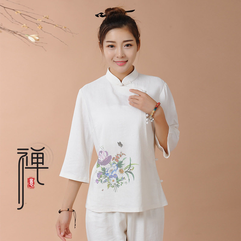 养生中医女士艾灸棉麻套装瑜伽服