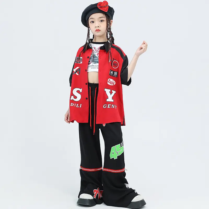 爵士舞服装女童拼色衬衫小背心练功服长裤儿童表演出潮服女孩现货