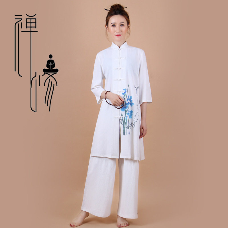 新品居士禅茶服亚麻套装复古文艺女装太极服盘扣中服大码上衣纽扣