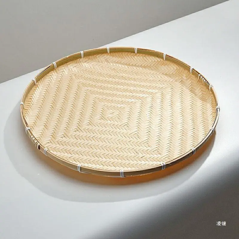 手工竹编圆形簸箕家用竹盘收纳