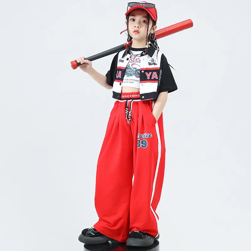 爵士舞服装女童机车风短袖套装练功服阔腿裤少儿表演出潮服夏现货