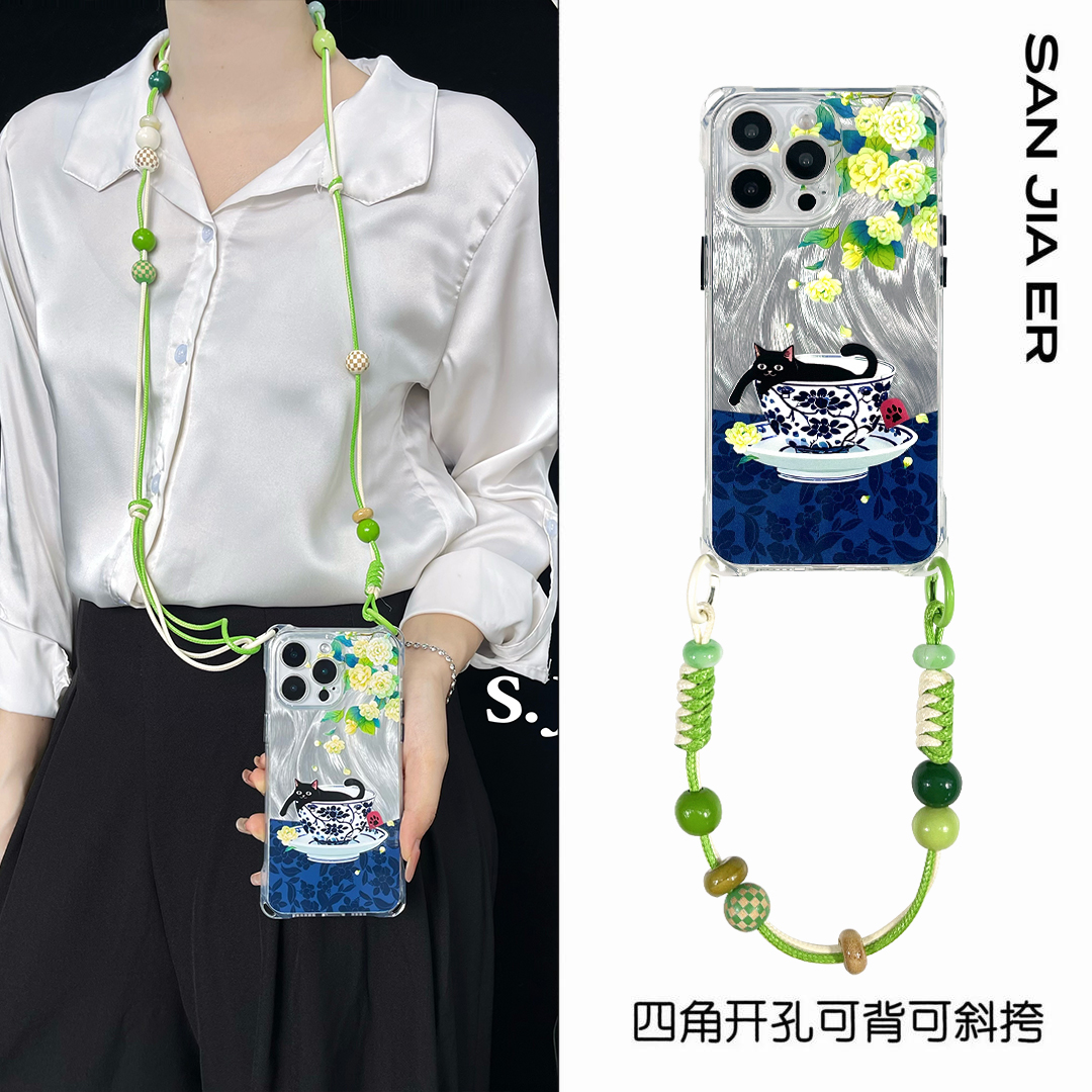 小众时尚花猫四孔可斜挎背手机壳