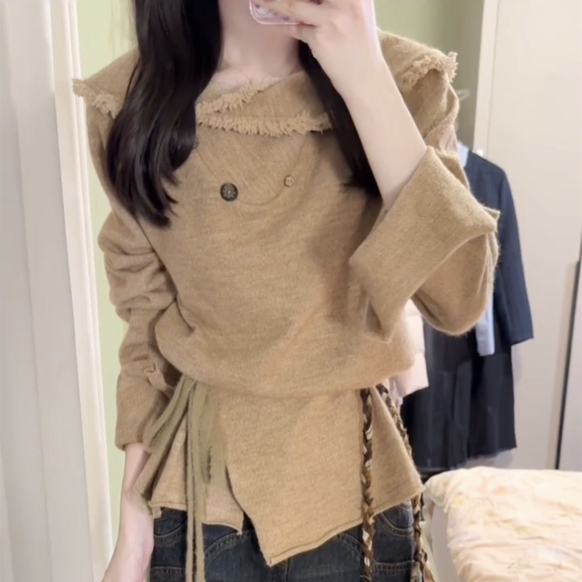 复古慵懒风翻领毛边长袖针织衫女