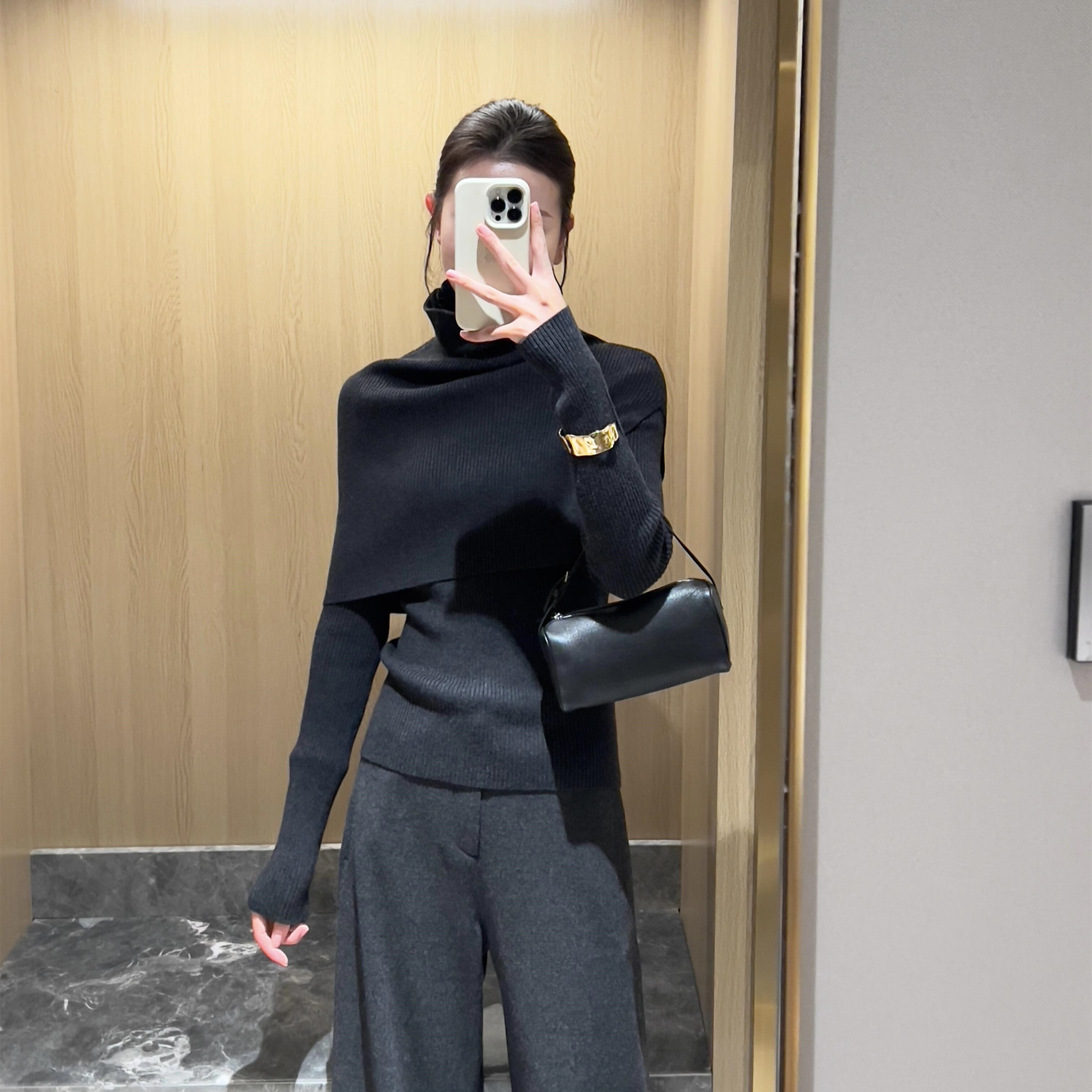 黑色披肩斗篷针织衫上衣套装女秋季内搭打底衫套头高领毛衣两件套