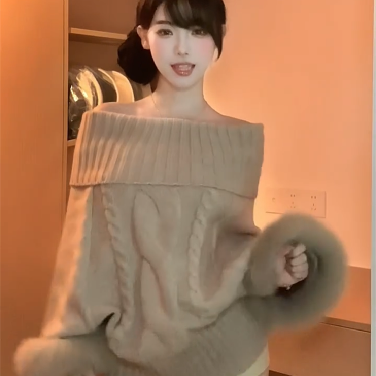 富家千金名媛毛领披肩斗篷毛衣女秋冬新款高级感一字肩针织衫上衣