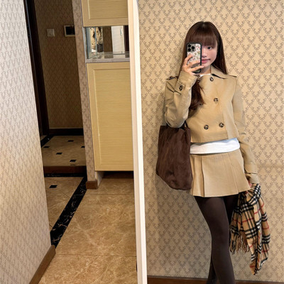 复古翻领短款风衣外套百褶裙套装