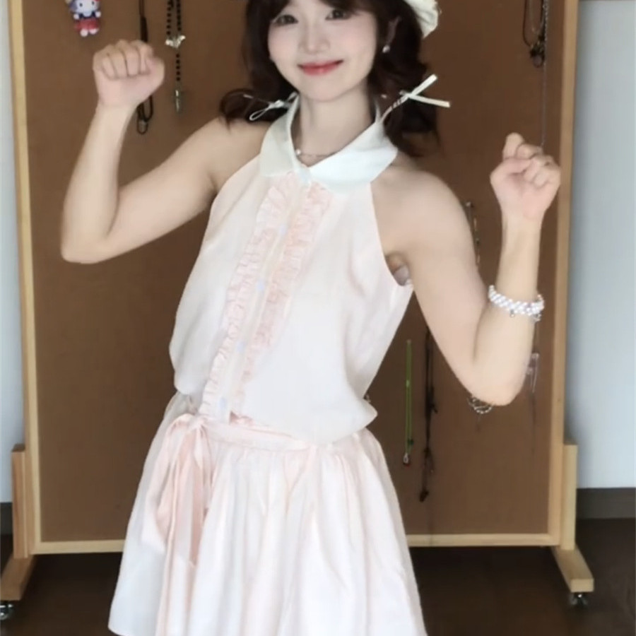 学院风粉色条纹无袖挂脖连衣裙女