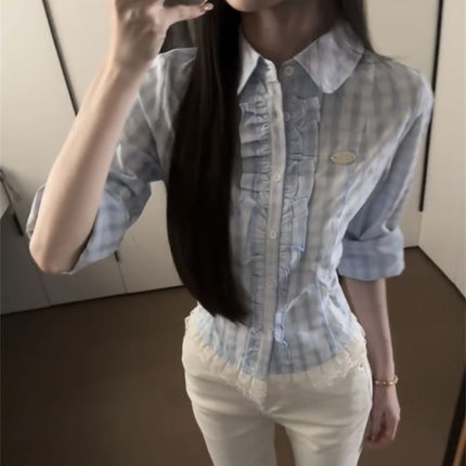 法式蕾丝花边蓝色格子长袖衬衫女秋季新款设计感小众收腰修身上衣