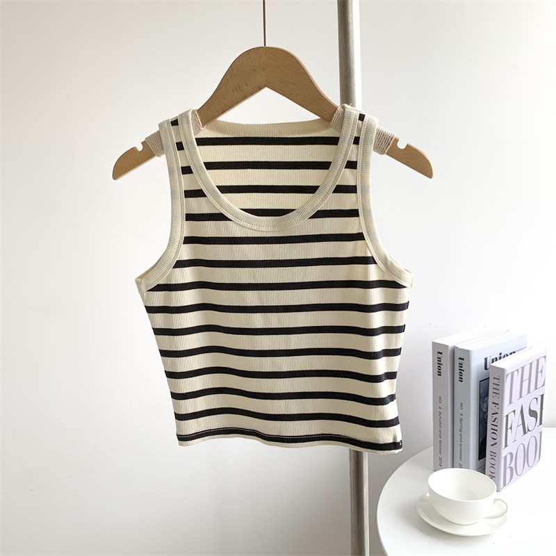 速发高腰条纹圆心心袖背领纯欲风美式短款条纹背无吊带上衣瑜伽背